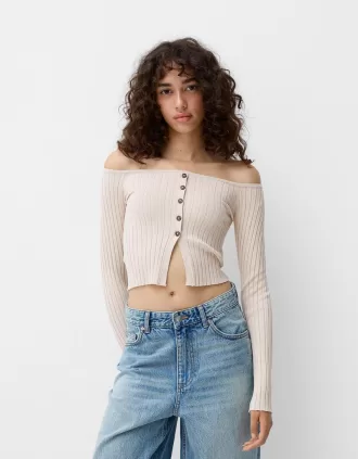 Jersey abierto con botones y escote Bardot Sand