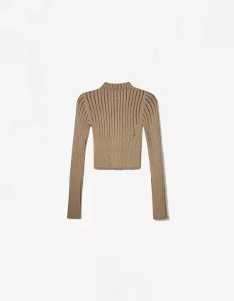 Jersey canalé cuello alto Brown