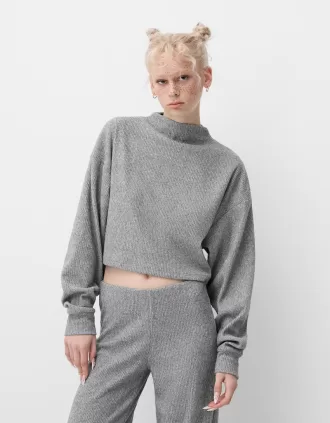 Jersey canalé cuello alto tacto suave Grey