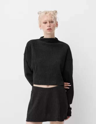 Jersey canalé cuello alto tacto suave Dark grey