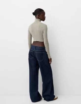 Jersey crop canalé cuello alto Khaki