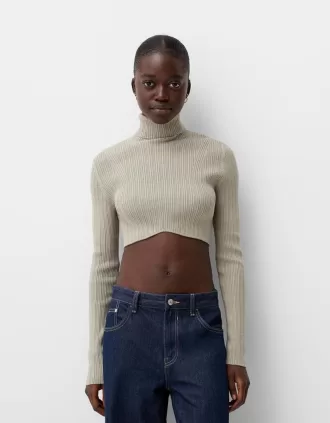 Jersey crop canalé cuello alto Khaki