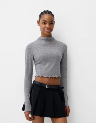 Jersey cropped de tacto suave con cuello alto Grey