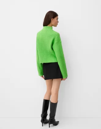 Jersey cropped oversize de canalé con cuello alto Green