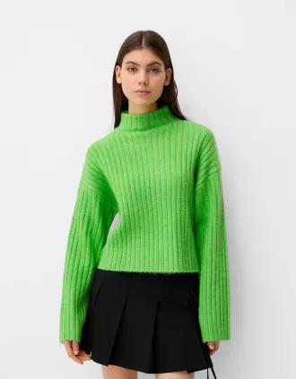 Jersey cropped oversize de canalé con cuello alto Green