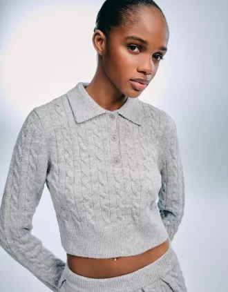 Jersey de punto trenzado con cuello tipo polo Grey