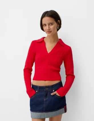 Jersey de punto trenzado con cuello tipo polo Red