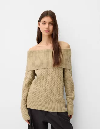 Jersey de punto trenzado con escote Bardot Green
