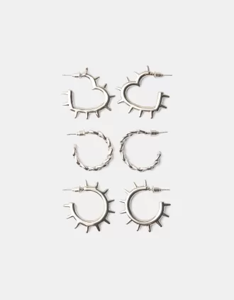 Pack de 3 pendientes de aro estilo grunge Silver