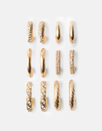 Pack de 6 pendientes de aro con strass Gold