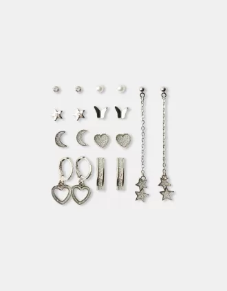 Pack de 9 pendientes de estrella con strass Silver