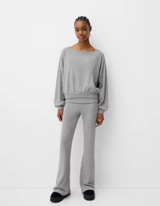 Pantalón acampanado de tacto suave con cintura doblada Grey