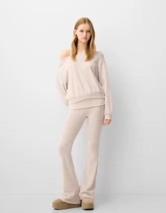 Pantalón acampanado de tacto suave con cintura doblada Pink
