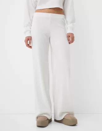 Pantalón ancho canalé tacto suave Cream