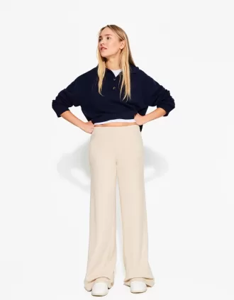 Pantalón ancho canalé tacto suave Camel
