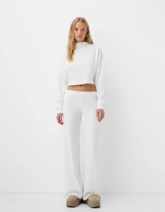 Pantalón ancho canalé tacto suave Cream