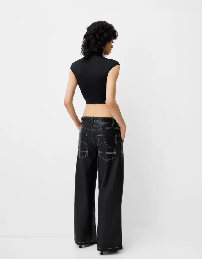 Pantalón efecto piel contraste cinturón Black