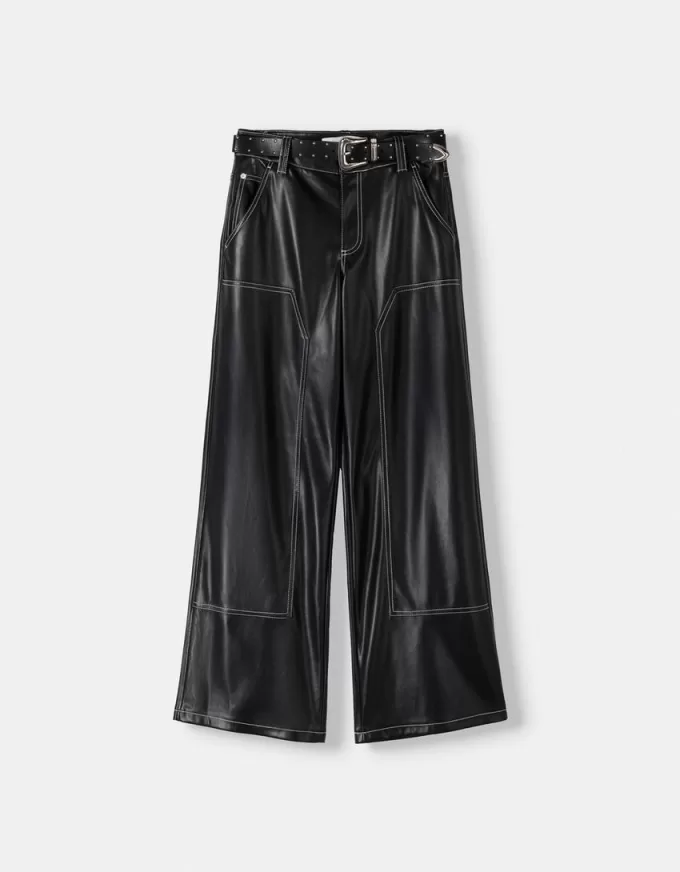 Pantalón efecto piel contraste cinturón Black