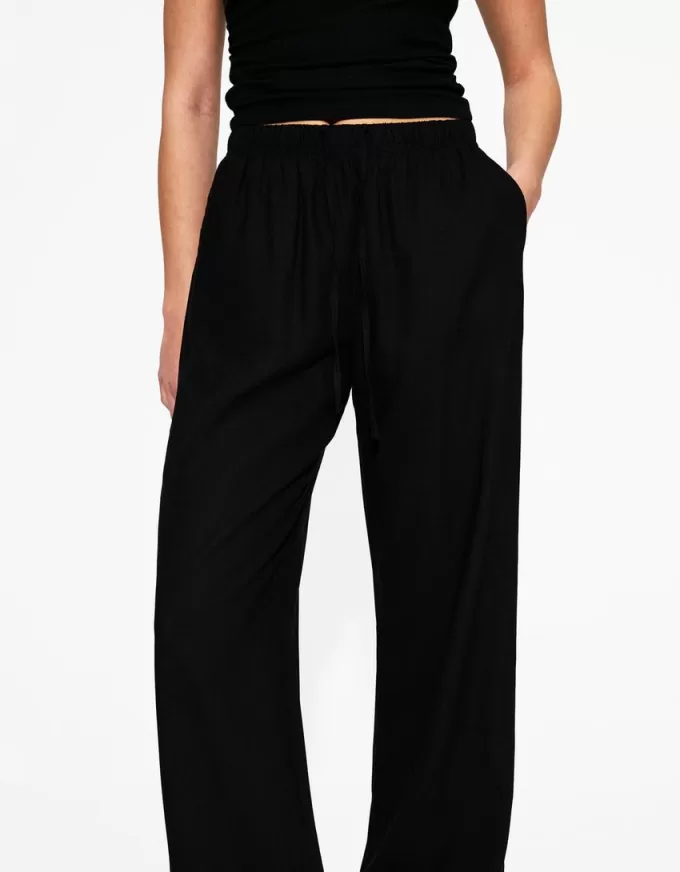 Pantalón mezcla de lino con cinturilla elástica Black
