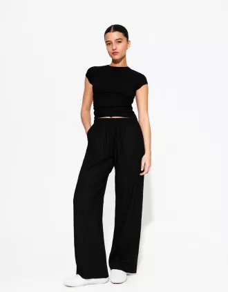 Pantalón mezcla de lino con cinturilla elástica Black