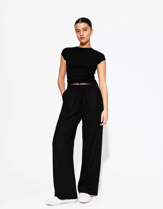 Pantalón mezcla de lino con cinturilla elástica Black