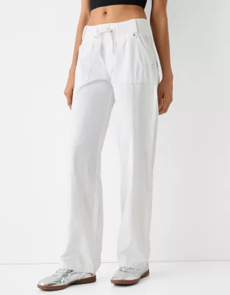 Pantalón recto de algodón con cintura de canalé White