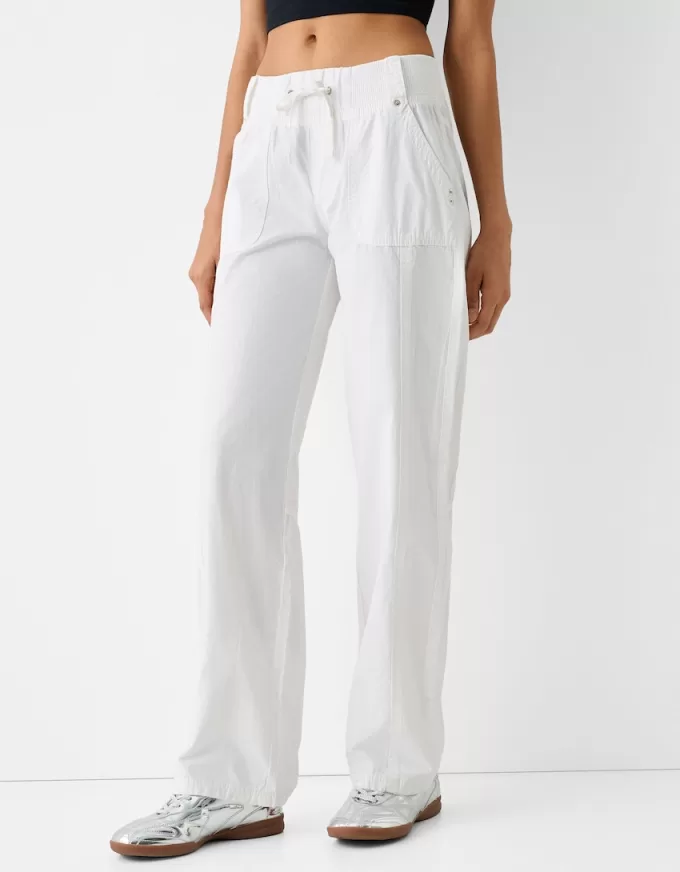 Pantalón recto de algodón con cintura de canalé White
