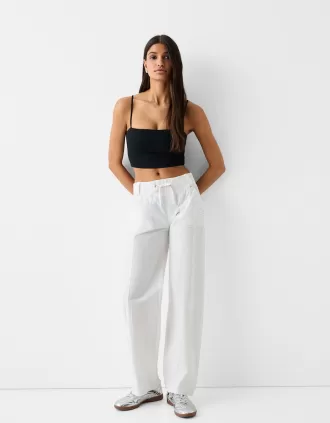 Pantalón recto de algodón con cintura de canalé White