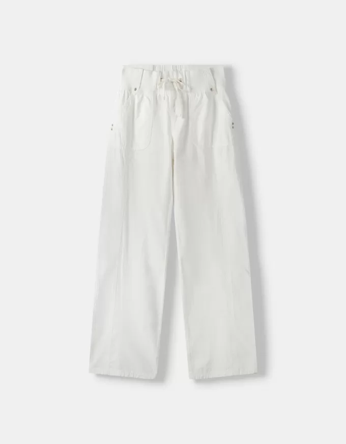 Pantalón recto de algodón con cintura de canalé White