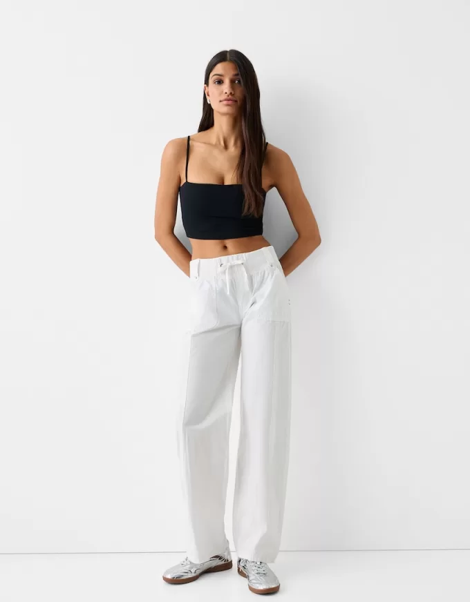Pantalón recto de algodón con cintura de canalé White