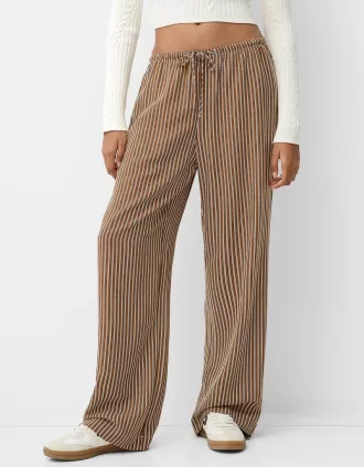 Pantalón recto de rayas con cintura elástica Brown