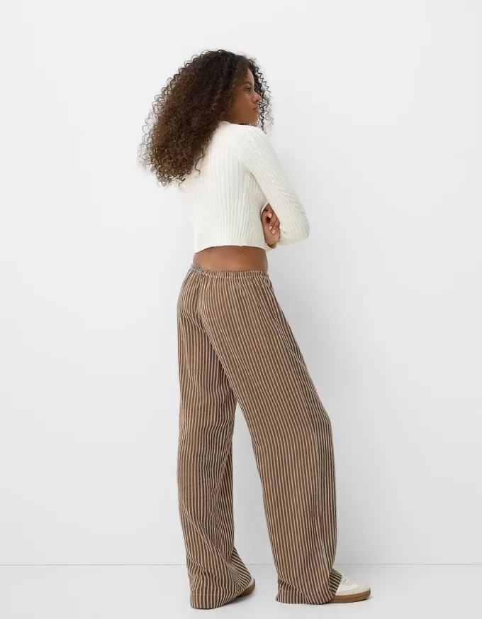 Pantalón recto de rayas con cintura elástica Brown