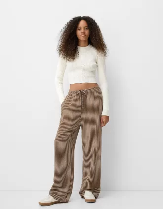 Pantalón recto de rayas con cintura elástica Brown