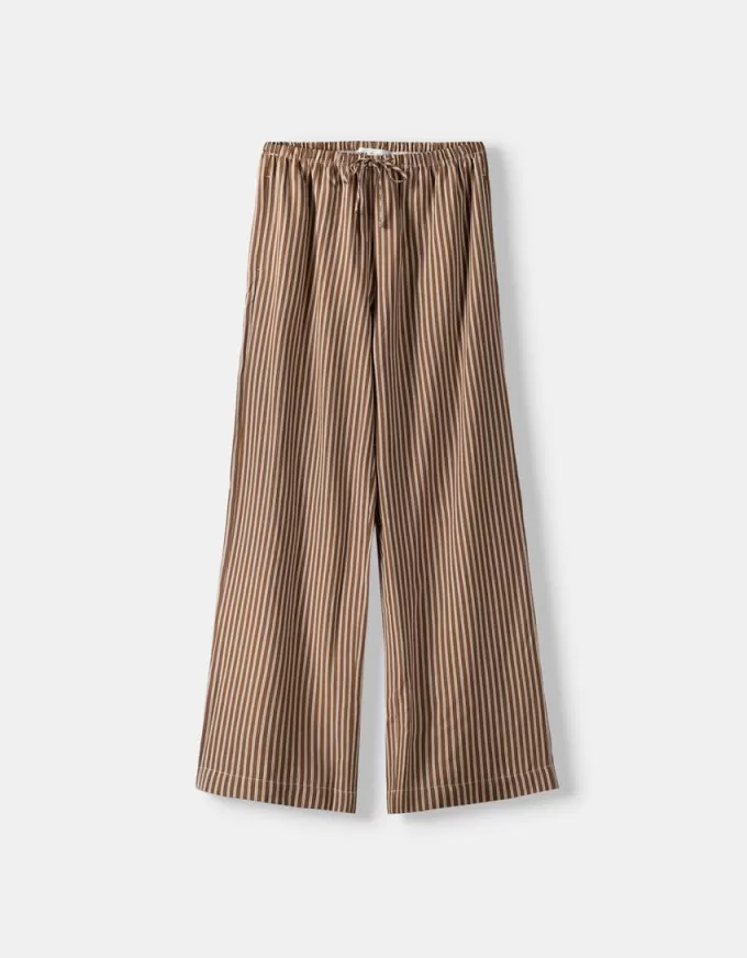 Pantalón recto de rayas con cintura elástica Brown