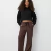 Pantalón recto de rayas con cintura elástica Brown Pantalón recto de rayas con cintura elástica Brown