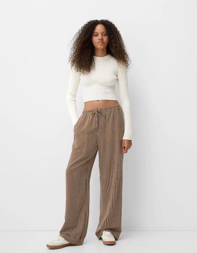 Pantalón recto de rayas con cintura elástica Brown