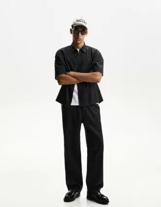 Pantalones deportivos anchos en mezcla de lino Black