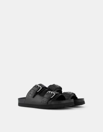 Sandalias planas tipo chancla PIEL con hebillas BLACK