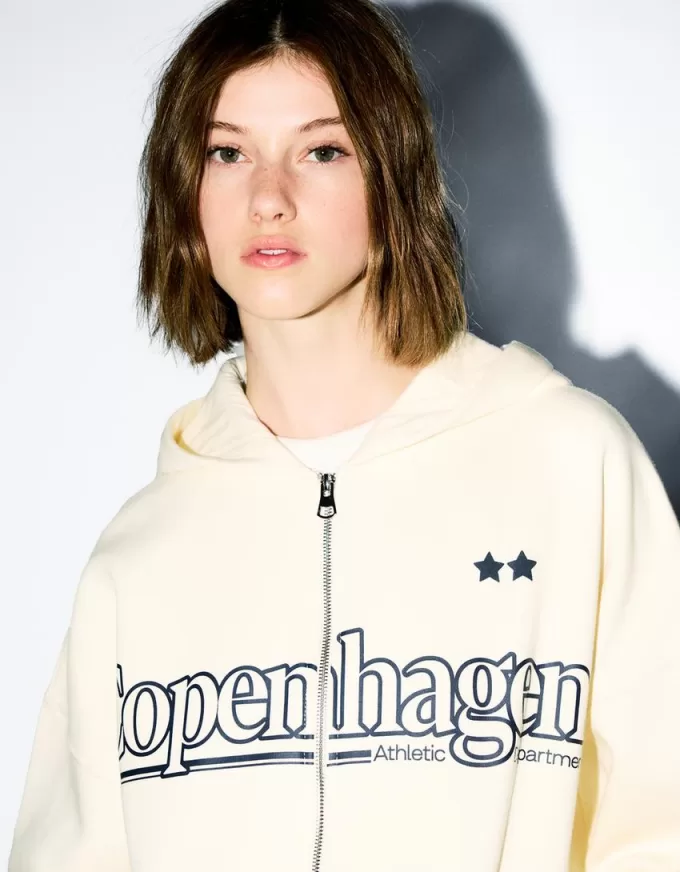 Sudadera con capucha estampada y cremallera Mustard