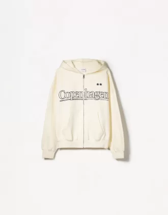 Sudadera con capucha estampada y cremallera Mustard