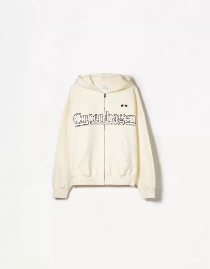 Sudadera con capucha estampada y cremallera Mustard