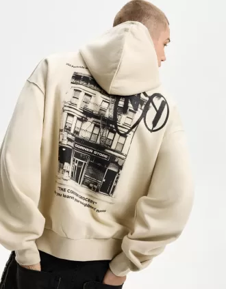 Sudadera con capucha y corte cuadrado estampado Camel