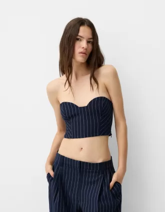Top bandeau de hilo metalizado de rayas con escote corazón Blue