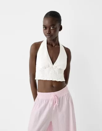 Top corto con cuello halter en mezcla de lino Off white