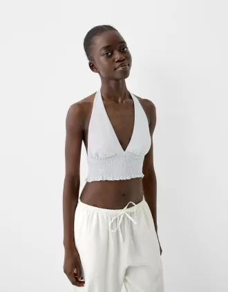 Top corto de mezcla de lino Light blue