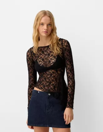Top encaje rubio manga larga Black