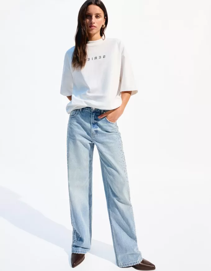 Vaqueros anchos estilo años 90 con strass Light blue