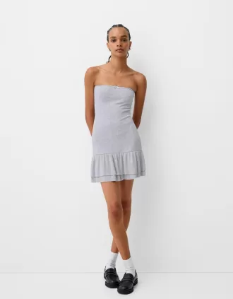 Vestido corto con volantes y hombros descubiertos Grey