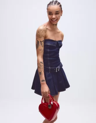 Vestido corto de denim con pliegues Blue