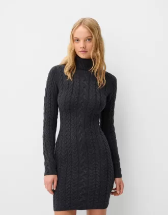 Vestido corto de punto trenzado con cuello alto Dark grey